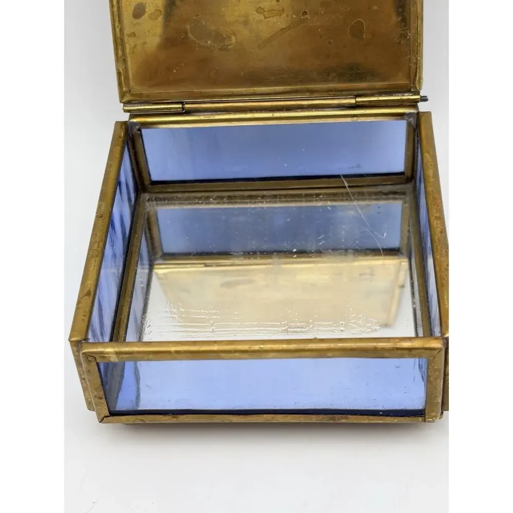 Vtg Via Vermont Stained Glass & Brass Mirrored Sleeping Cats Jewelry Trinket Box